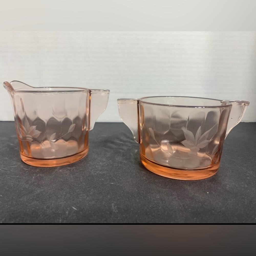 Vintage pink depression etched floral creamer and sugar bowl